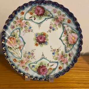 Antique Nippon Hand Painted Porcelain Plate with Blue and Pink Accents